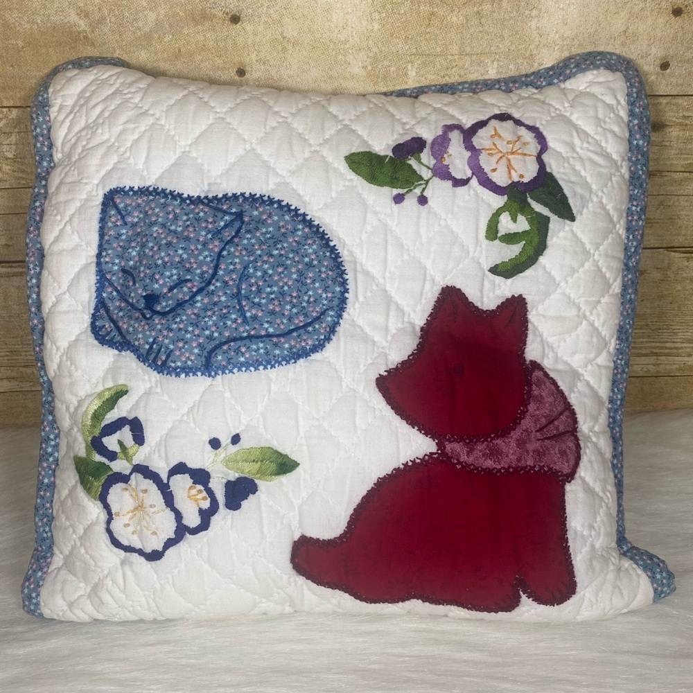 Quilted Cat Dog Throw Pillow Country Decorative Floral Puppy Kitten Vintage